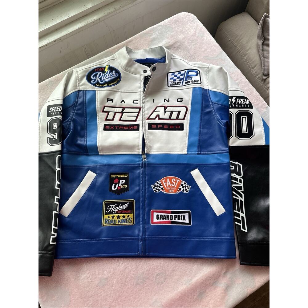 Copper Rivet Men's Blue Multicolor Moto Racing PU Pleather Jacket Size Sm NWOT